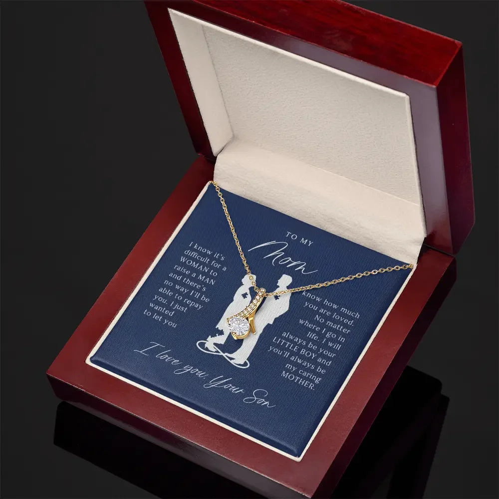 Gold necklace with teardrop pendant in wooden gift box with sentimental message to mom from son