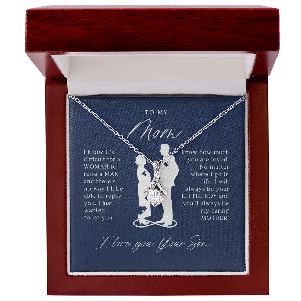 Silver necklace with a sparkling pendant in a wooden box, gift for mom with a heartfelt son message