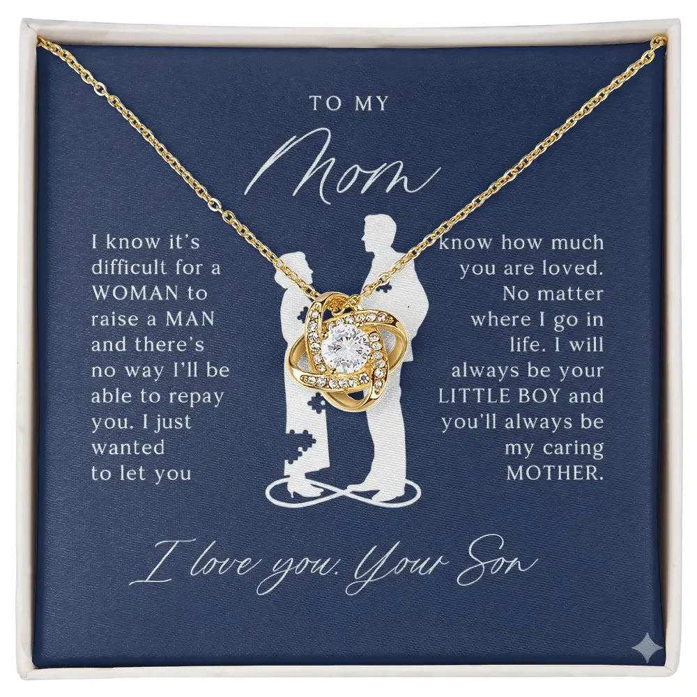 Gold and diamond necklace with loving son to mom message on navy background gift box