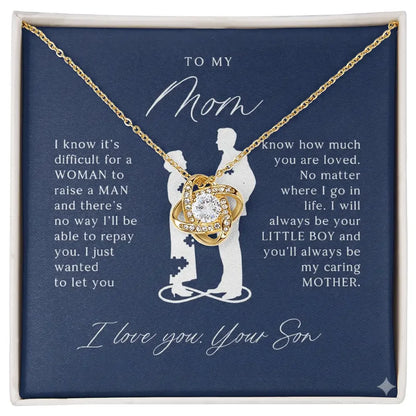 Gold and diamond necklace with loving son to mom message on navy background gift box