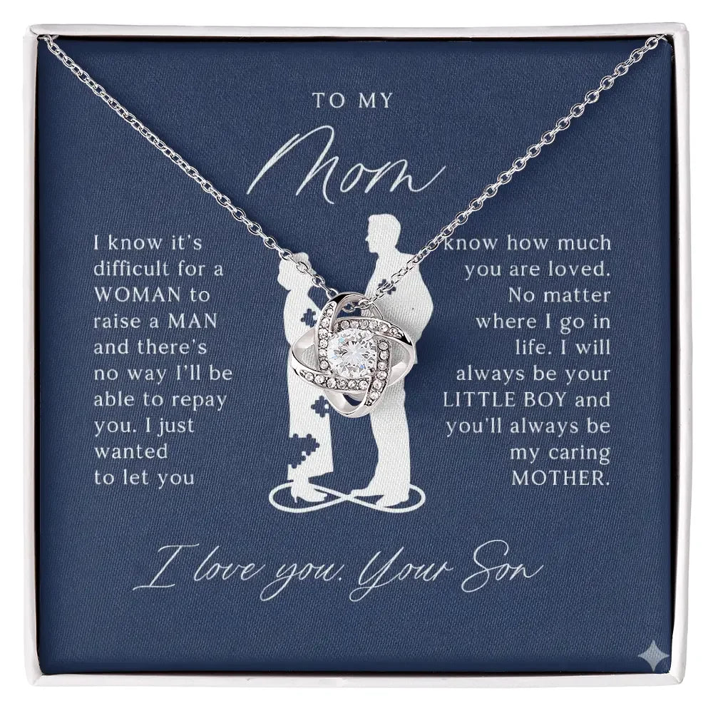 Silver crystal knot necklace gift for mom with touching message from son on navy blue card