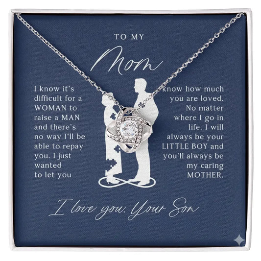 Silver crystal knot necklace gift for mom with touching message from son on navy blue card
