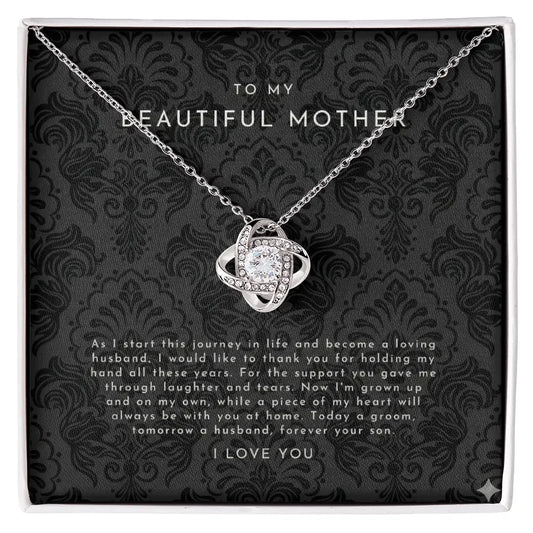 Elegant silver necklace with cubic zirconia pendant on black patterned card reading To My Beautiful Mother