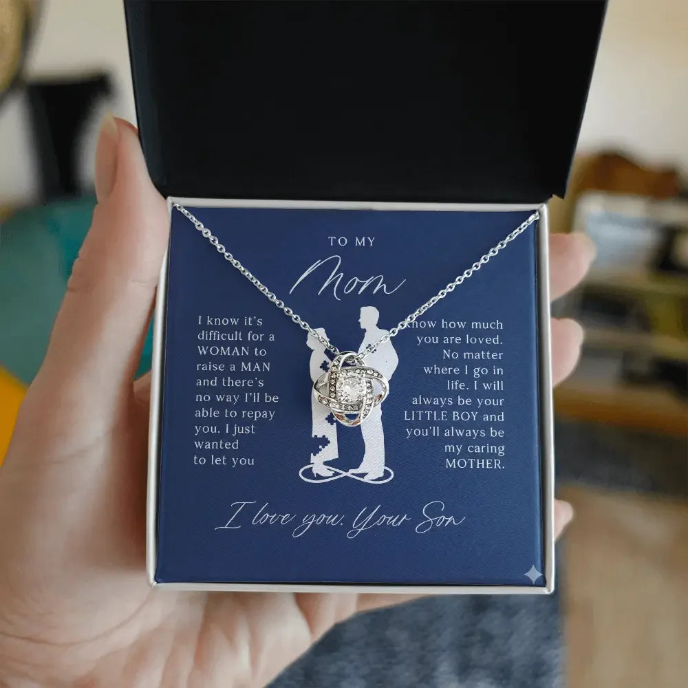 Silver pendant necklace in gift box with heartfelt message from son to mom on navy background