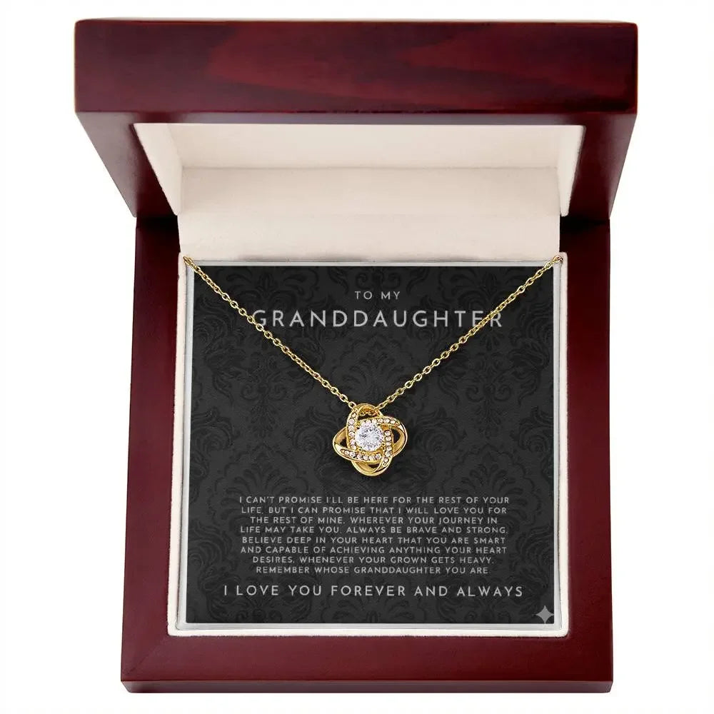 Gold necklace with diamond pendant in wooden gift box, engraved message to granddaughter