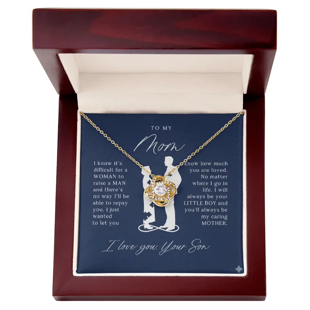 Gold necklace with a flower pendant in a wooden gift box featuring a son-to-mom sentimental message