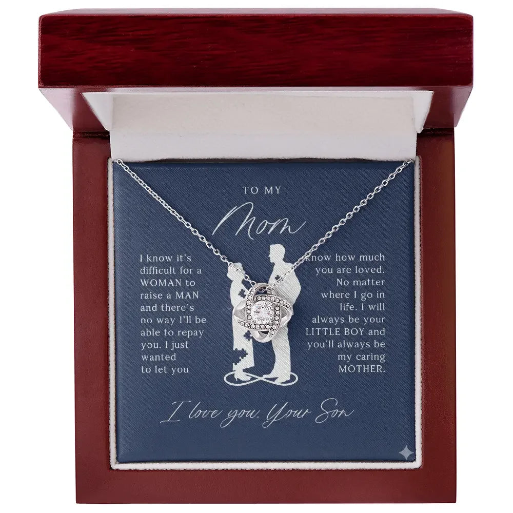Silver knot pendant necklace in wooden gift box with heartfelt message from son to mom