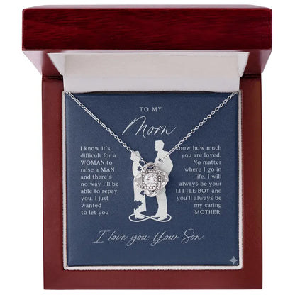 Silver knot pendant necklace in wooden gift box with heartfelt message from son to mom